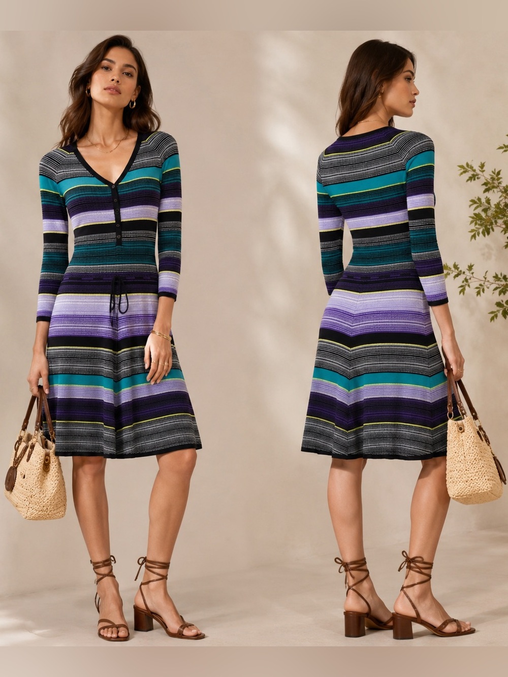 DVF Carrigan Silk Knit Dress Small Striped Fit Flare Button Front V Neck